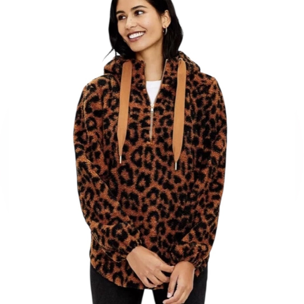 LOFT Leopard Print 1/4 Zip Sherpa Hoodie Auburn Size XL